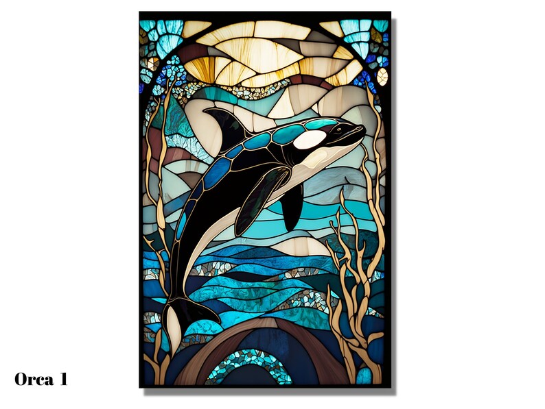 May include: A stained glass artwork depicting an orca whale swimming through a blue and green ocean. The orca is black and white with a blue fin. The ocean is made up of small pieces of glass in various shades of blue and green. The background is a light blue sky with a yellow sun.