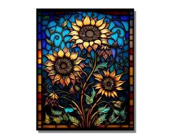 Sunflower Stained Glass Wall Painting Window Wall Hangings Panel, Stain Glass Flower Art, Home Office Glass Wall Decor, Stain Glass Art Work
