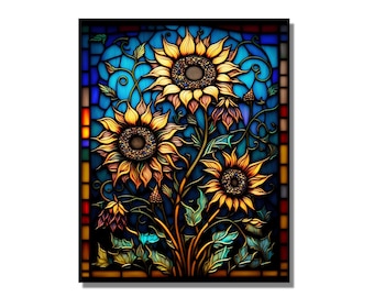 Sunflower Stained Glass Wall Painting Window Wall Hangings Panel, Stain Glass Flower Art, Home Office Glass Wall Decor, Stain Glass Art Work