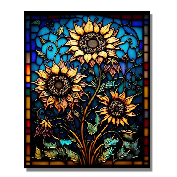 Sunflower Stained Glass Wall Painting Window Wall Hangings Panel, Stain Glass Flower Art, Home Office Glass Wall Decor, Stain Glass Art Work