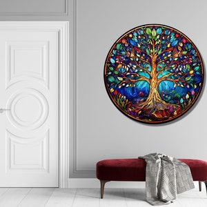 Tree of Life Stained Glass Wall Painting -Home&Office Wall Art Decor Round Wall Hangings-Stain Glass Art Deco Panel Uv Printing-Stepmom Gift image 9