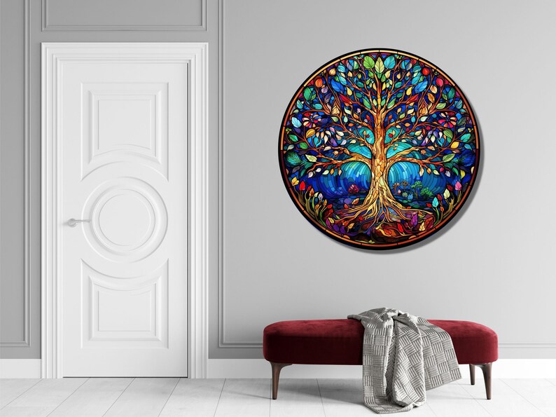 Tree of Life Stained Glass Wall Painting -Home&Office Wall Art Decor Round Wall Hangings-Stain Glass Art Deco Panel Uv Printing-Stepmom Gift image 9