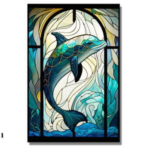 May include: A stained glass window featuring a blue dolphin leaping from the water. The dolphin is surrounded by blue, green and yellow stained glass.
