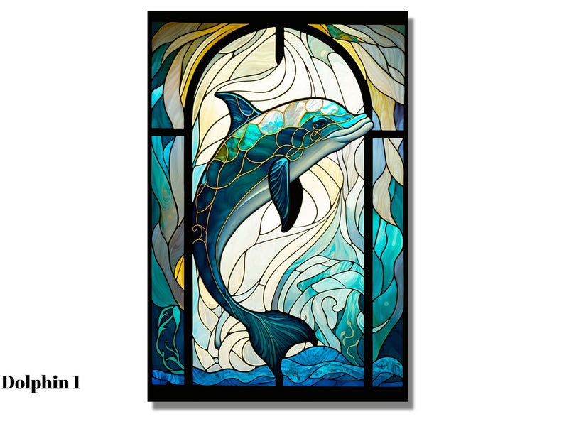 May include: A stained glass window featuring a blue dolphin leaping from the water. The dolphin is surrounded by blue, green and yellow stained glass.