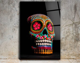 Colorful Sugar Skull Glass Wall Art, Dia De Los Muertos Home Office Decor
