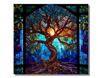 Tree of Life Stained Glass Style, Tempered Glass Wall Art, Art Deco