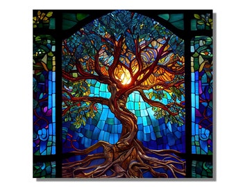 Stained Glass Wall Painting Tree of Life,Stain Glass Printing ,Stepmom Gift,Office&Home Decor,Stained Glass Window Wall Hangings, Art Deco