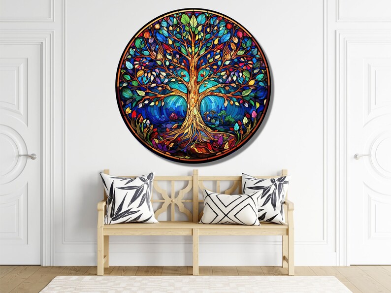 Tree of Life Stained Glass Wall Painting -Home&Office Wall Art Decor Round Wall Hangings-Stain Glass Art Deco Panel Uv Printing-Stepmom Gift image 7