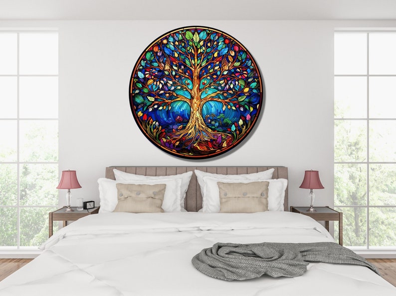 Tree of Life Stained Glass Wall Painting -Home&Office Wall Art Decor Round Wall Hangings-Stain Glass Art Deco Panel Uv Printing-Stepmom Gift image 10