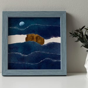 Surreal Ocean Art Print | Blue Waves and Gold Face | Modern Coastal Wall Art | Relaxing Home Decor | Dreamy Surreal Face Art