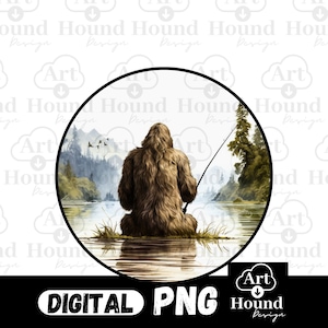 Puede incluir: Imagen PNG digital de Bigfoot pescando en un lago. La criatura marrón y peluda está sentada en la orilla, sosteniendo una caña de pescar. El fondo presenta un paisaje sereno con árboles, montañas y una bandada de pájaros. La imagen está enmarcada en un círculo negro.