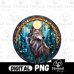May include: A stained glass style illustration of a wolf standing in a forest with a full moon in the background. The wolf is gray and white with a blue and green forest background.