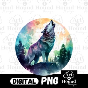 Howling Wolf at the Moon : PNG - Watercolor Rainbow Forest w / Celestial Sky - Unleash the Magic with our Sublimation Image- Digital Download