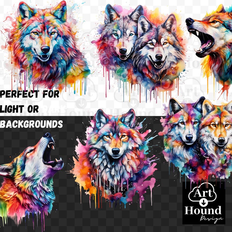 Howling Wolf Pack : PNG - Watercolor Rainbow Forest Wolves W/ Celestial ...