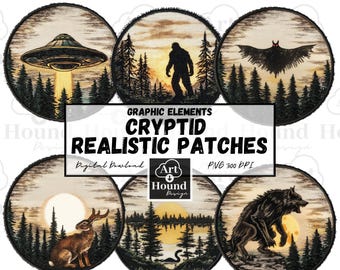 Cryptid Realistic Patch : PNG Clipart Bundle - Sasquatch , Alien , Mothman , Jackalope - Magic with our Sublimation Image - Digital Download