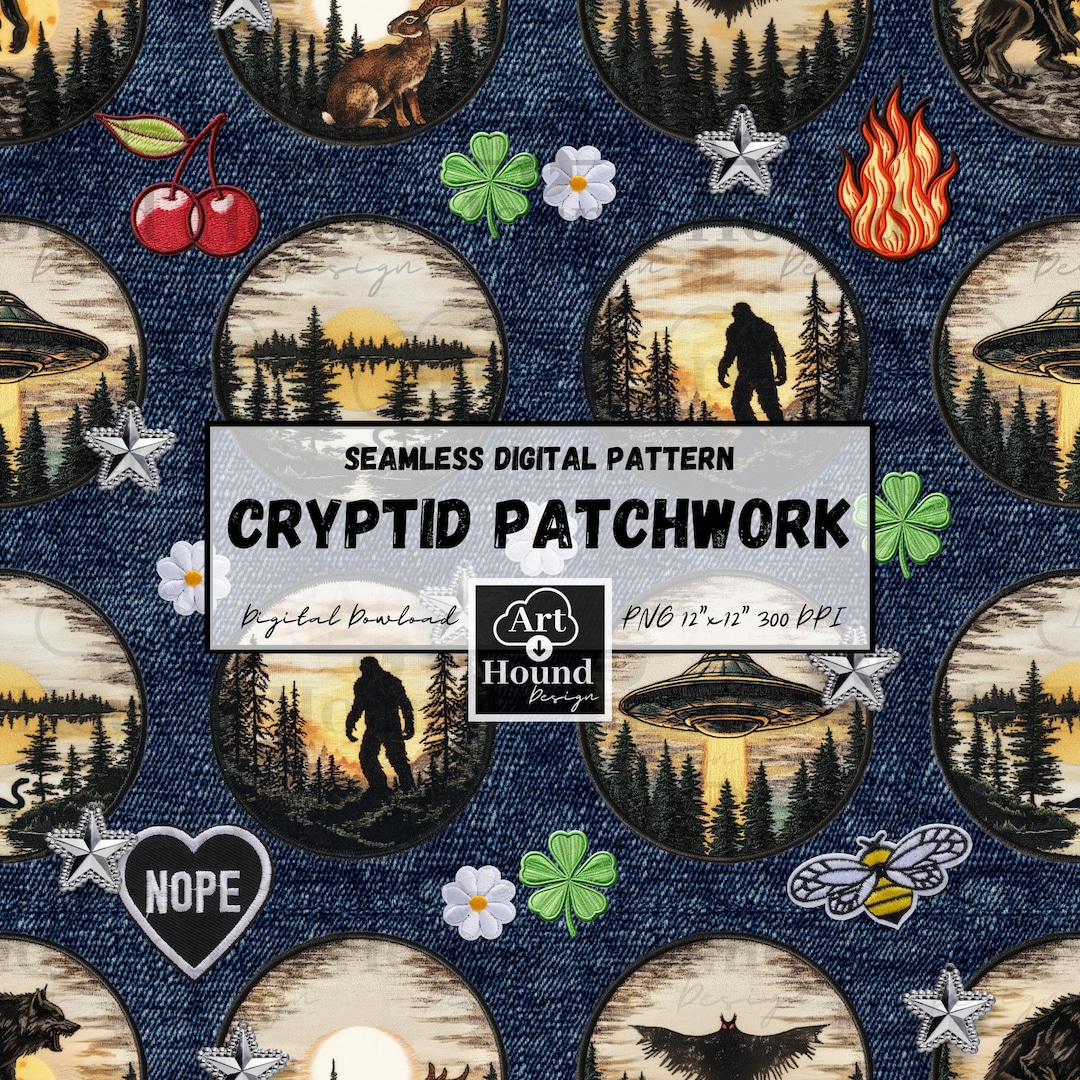 Retro Cryptid Patchwork : Seamless Digital Pattern PNG - Bigfoot ...