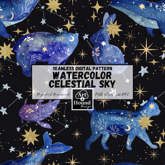Watercolor Celestial Sky: Seamless Pattern PNG - Stars & Constellation Sign Animals - Repeat Fabric Sublimation Image - Digital Download