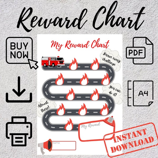Fire Engine Sticker Reward Chart - Motivational Kids Activity - Printable Fire Truck Journey Chart - A4 printable PDF