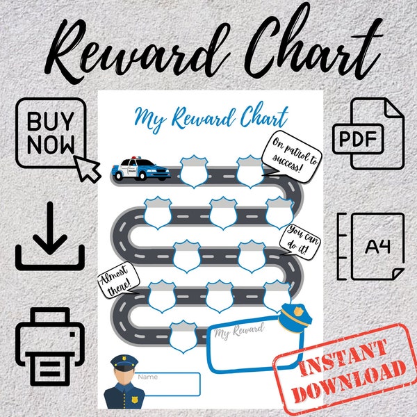 Police Car Reward Chart - A4 Printable Sticker Chart - Fun and Engaging Badge Theme - Track Progress and Celebrate Achievements