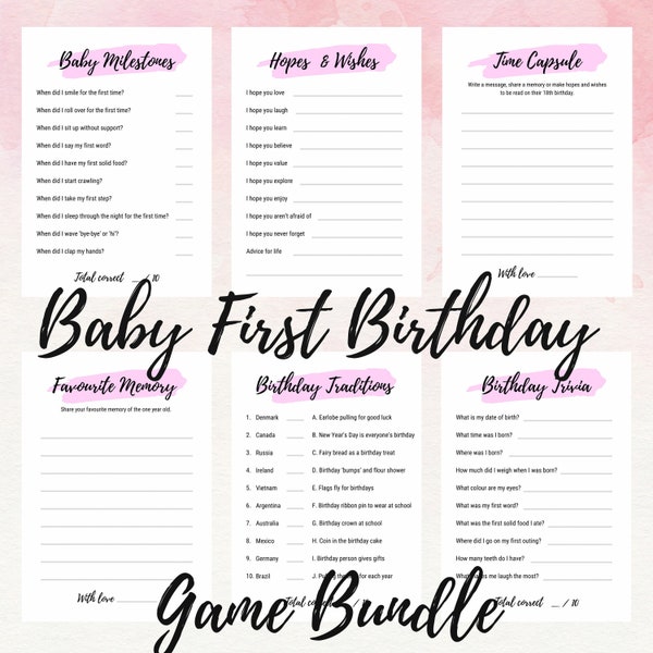 Baby's 1st Birthday Digital Game Bundle - Birthday Trivia, Traditions, Milestones, Favourite Memory, Hope & Wishes, Time Capsule - A4 and A5