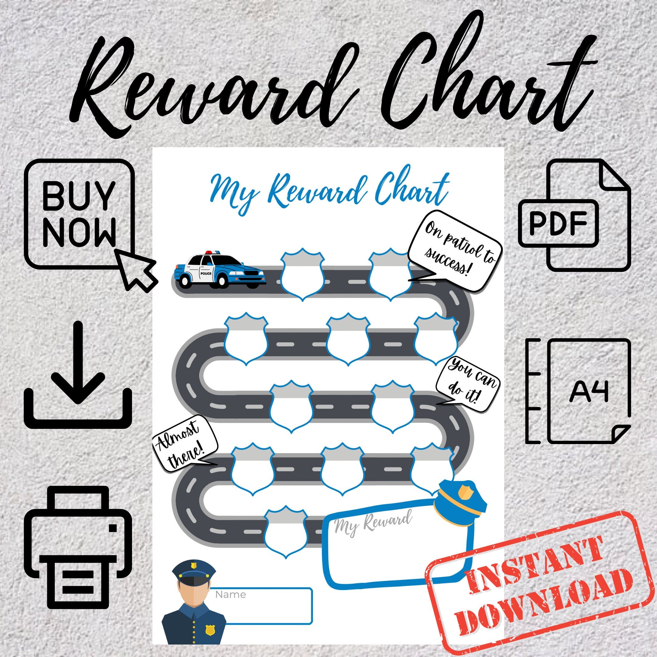Police Car Reward Chart Badge Theme A4 Printable digital Download 