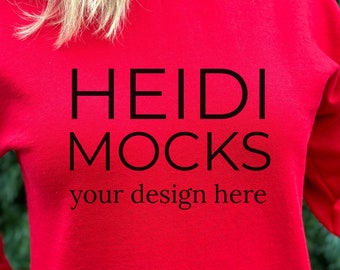 Gildan 18000 red sweatshirt mockup, Christmas mock up, Gildan 18000 Holiday mockup, winter Gildan 18000 mocks, lifestyle mockup, crewneck