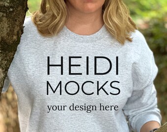 Gildan 18000 sport gray sweatshirt mockup, fall mock up, Gildan 18000 nature mockup, winter Gildan 18000 mocks, lifestyle mockup, grey mocks