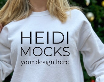 Gildan 18000 white sweatshirt mockup, Christmas mock up, Gildan 18000 Holiday mockup, winter Gildan 18000 mocks, lifestyle mockup, crewneck