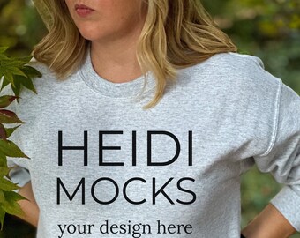 Gildan 18000 sport gray sweatshirt mockup, fall mock up, Gildan 18000 nature mockup, winter Gildan 18000 mocks, lifestyle mockup, grey mocks