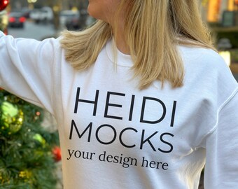 Gildan 18000 white sweatshirt mockup, Christmas mock up, Gildan 18000 Holiday mockup, winter Gildan 18000 mocks, lifestyle mockup, crewneck