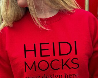 Gildan 18000 red sweatshirt mockup, Christmas mock up, Gildan 18000 Holiday mockup, winter Gildan 18000 mocks, lifestyle mockup, crewneck