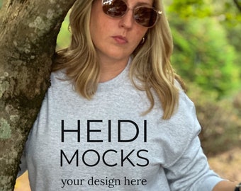 Gildan 18000 sport gray sweatshirt mockup, fall mock up, Gildan 18000 nature mockup, winter Gildan 18000 mocks, lifestyle mockup, grey mocks