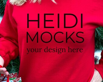 Gildan 18000 red sweatshirt mockup, Christmas mock up, Gildan 18000 Holiday mockup, winter Gildan 18000 mocks, lifestyle mockup, crewneck
