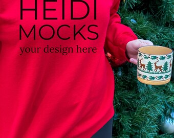 Gildan 18000 red sweatshirt mockup, Christmas mock up, Gildan 18000 Holiday mockup, winter Gildan 18000 mocks, lifestyle mockup, crewneck
