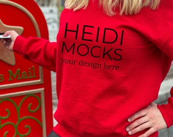 Gildan 18000 red sweatshirt mockup, Christmas mock up, Gildan 18000 Holiday mockup, winter Gildan 18000 mocks, lifestyle mockup, crewneck
