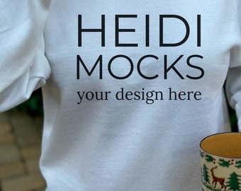 Gildan 18000 white sweatshirt mockup, Christmas mock up, Gildan 18000 Holiday mockup, winter Gildan 18000 mocks, lifestyle mockup, crewneck
