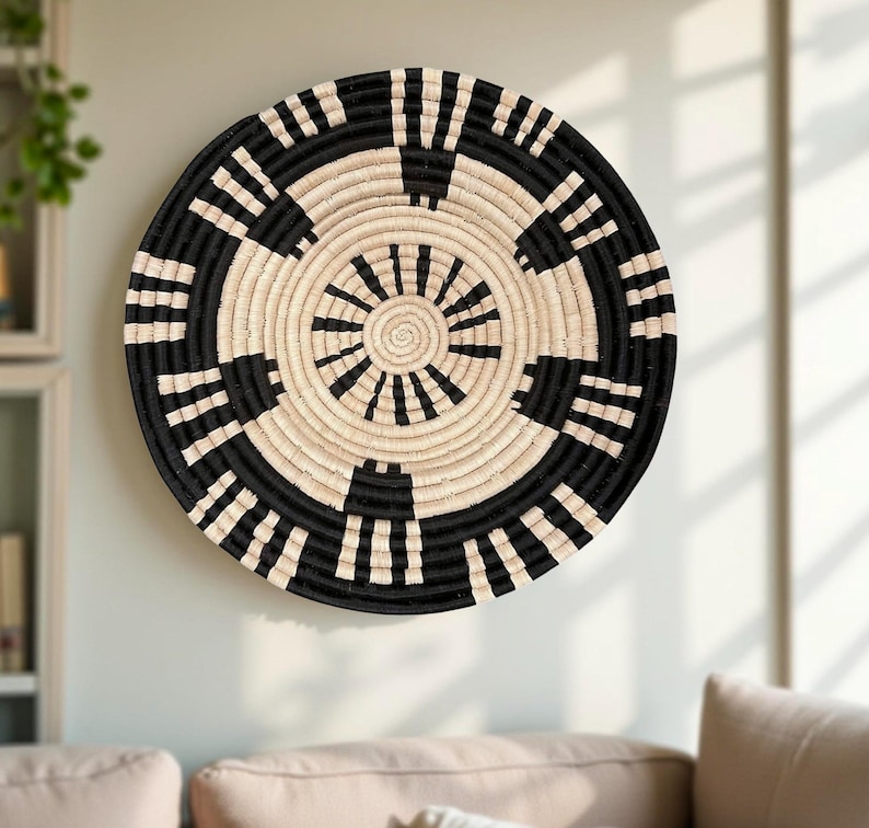 Natural, Black and Banana Leaves Abstract Raffia Wall Hanging Decor Plate Mat - Various Sizes image 1