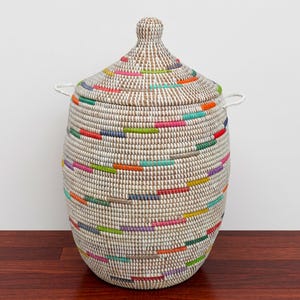 Vibrant Woven Large Senegalese Laundry Hamper Storage Basket in Rainbow Colors