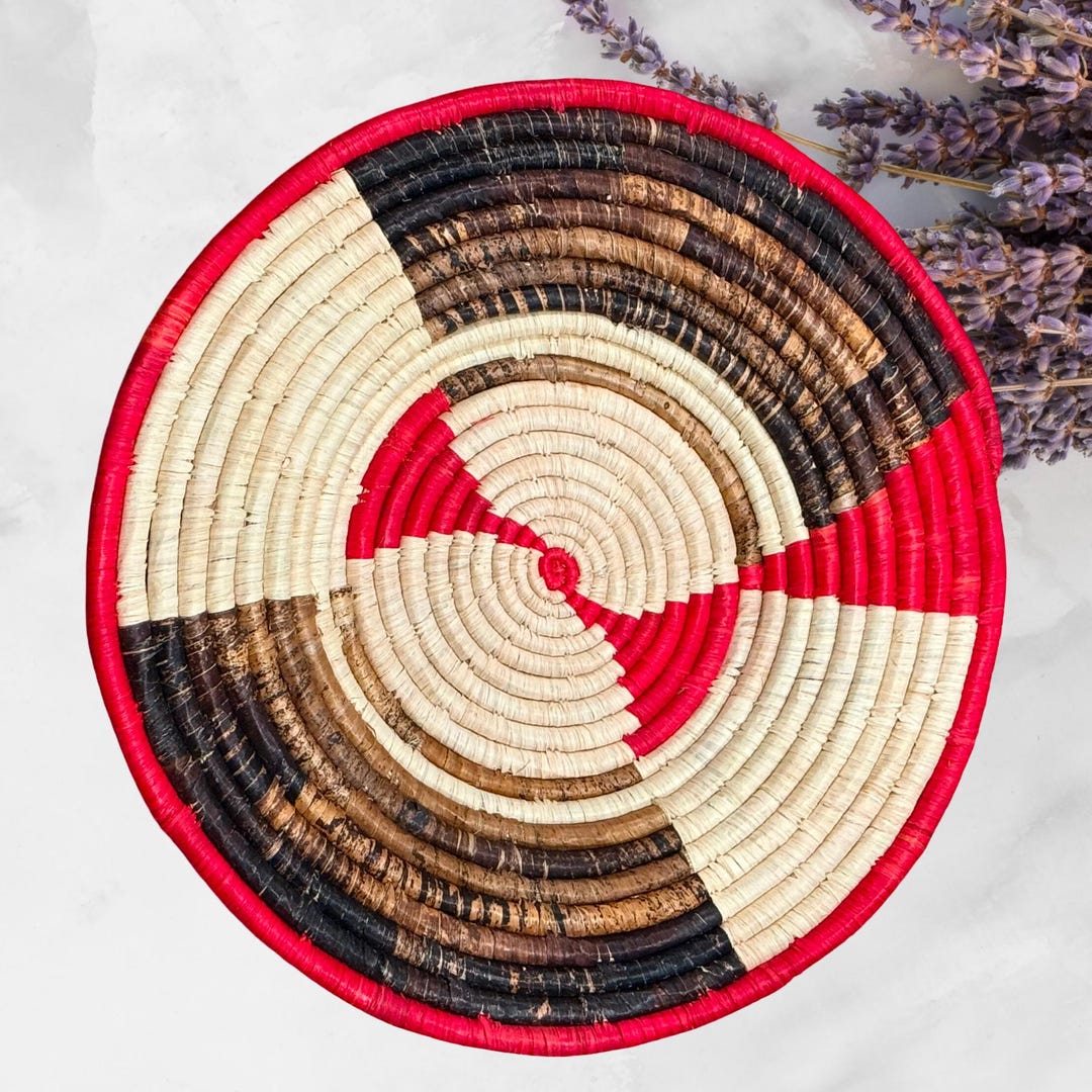 African Raffia Hanging Basket in Red, Brown Plate Mat - 3 Sizes: Unique ...