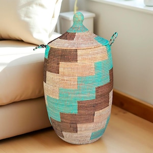 Laundry hamper, vibrant woven Senegalese storage basket with lid, large African basket, large colorful bathroom or laundry room organization