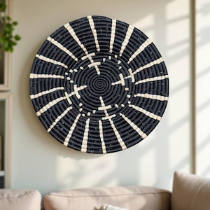Handwoven African Raffia Wall Plate Basket in Black & Natural Stripes - Various Sizes