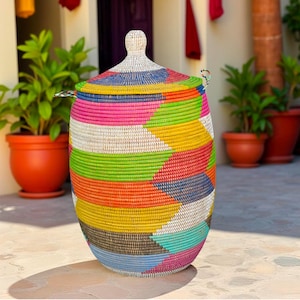 Vibrant Woven Extra-large Senegalese Laundry Hamper Storage Basket in Rainbow Colors