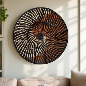 Handwoven Raffia Wall Plate in Black, Orange Swirl - Various Sizes