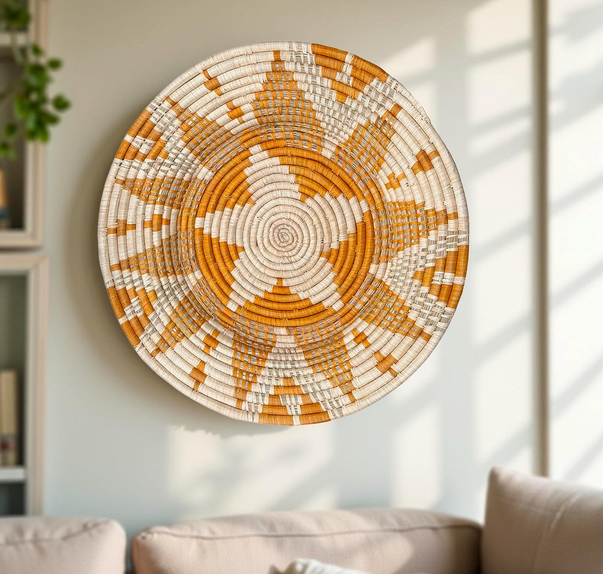 Handwoven Raffia Basket Wall Decor: African Plate Mat, Orange & Natural ...