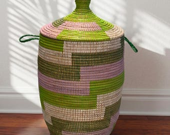 Handwoven Large Senegalese Floor Storage and Laundry Hamper in Green and Lavendar
