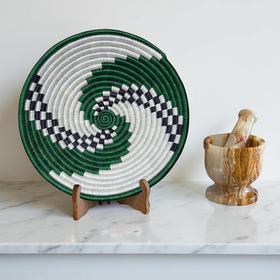 Handwoven Sisal Basket in Green and Natural With Swirl  Hand woven sisal African basket swirl design green and cream main image 0