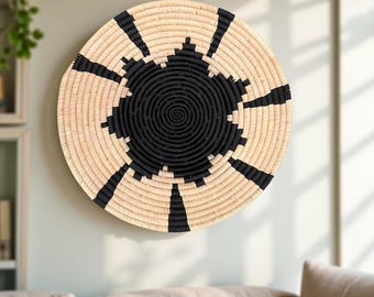 Handwoven Raffia Plate Mat Wall Hanging Decor in Natural and Black Flower - Various Sizes