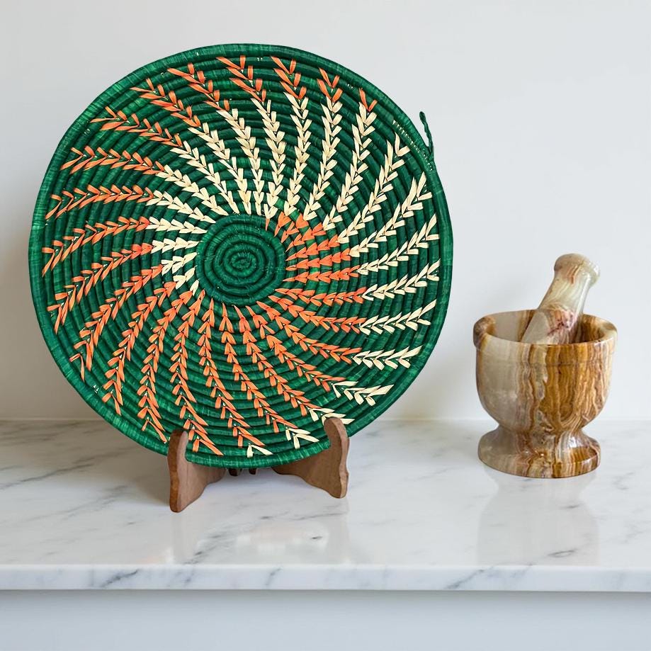 Handwoven Green, Orange Raffia Bowl -12 Inches Diameter