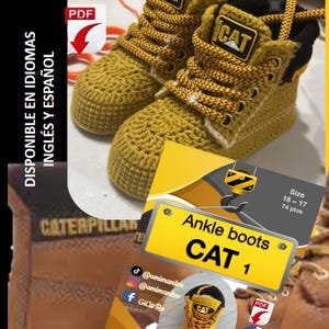 May include: Crochet pattern for ankle boots in the style of Caterpillar boots. The pattern is available in English and Spanish. The pattern includes instructions for sizes 16-17, using 74 stitches. The pattern is available as a PDF download.