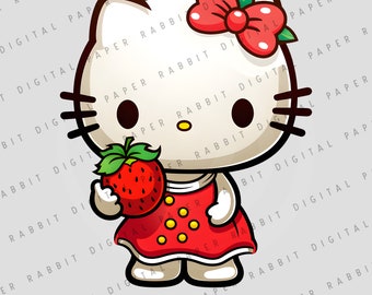Kawaii Kitty with Strawberry 02 | SVG & PNG | 300 dpi | High Quality | Digital File for Crafting